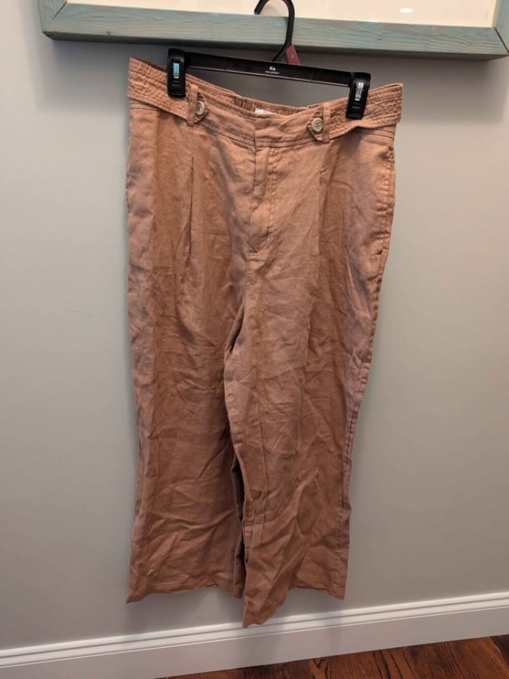 Nicole Miller 100% linen brown cropped trousers sz 12 wide leg pants